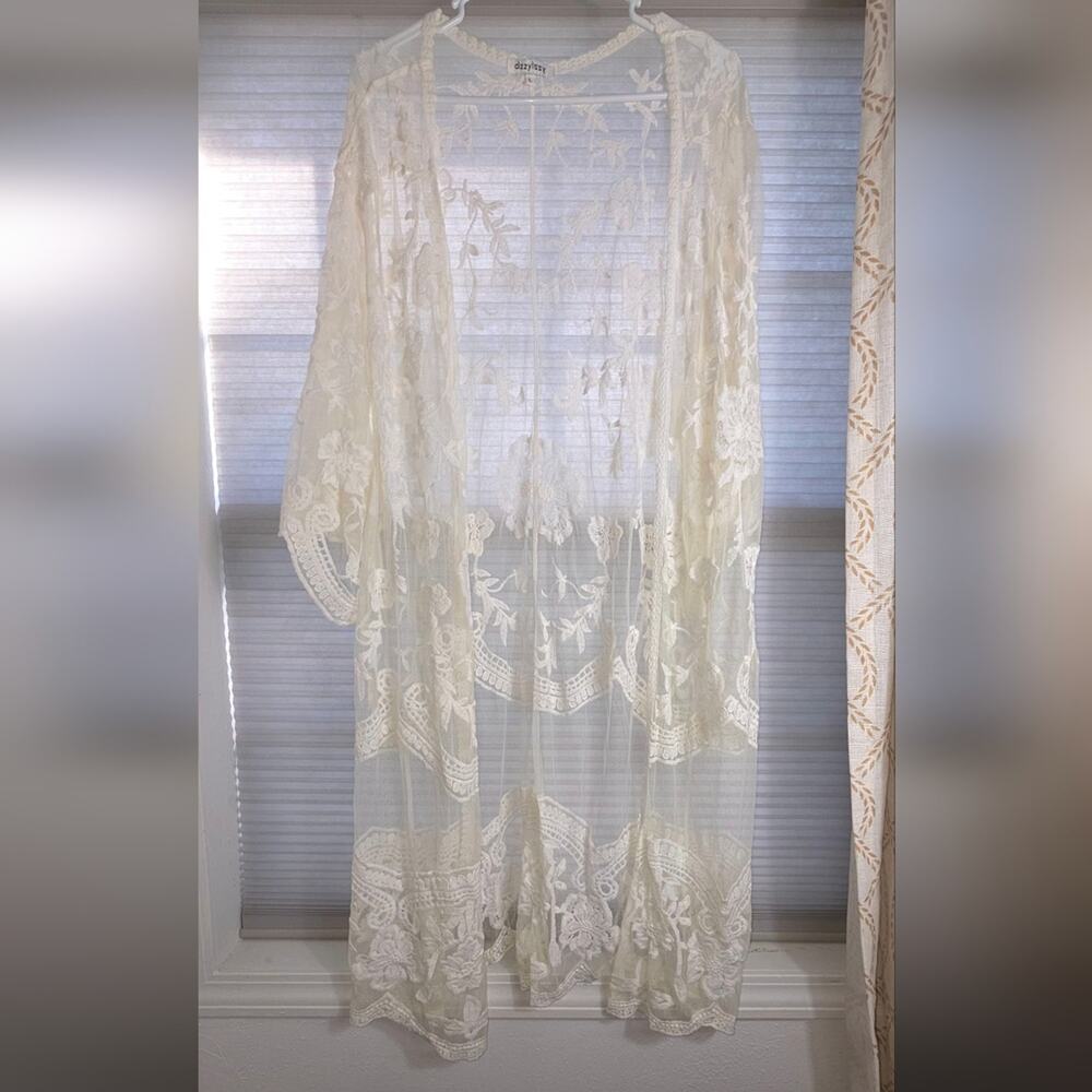 DIZZY LIZZY Cream Lace Kimono Duster Cover Up Fairy Bridal size Large